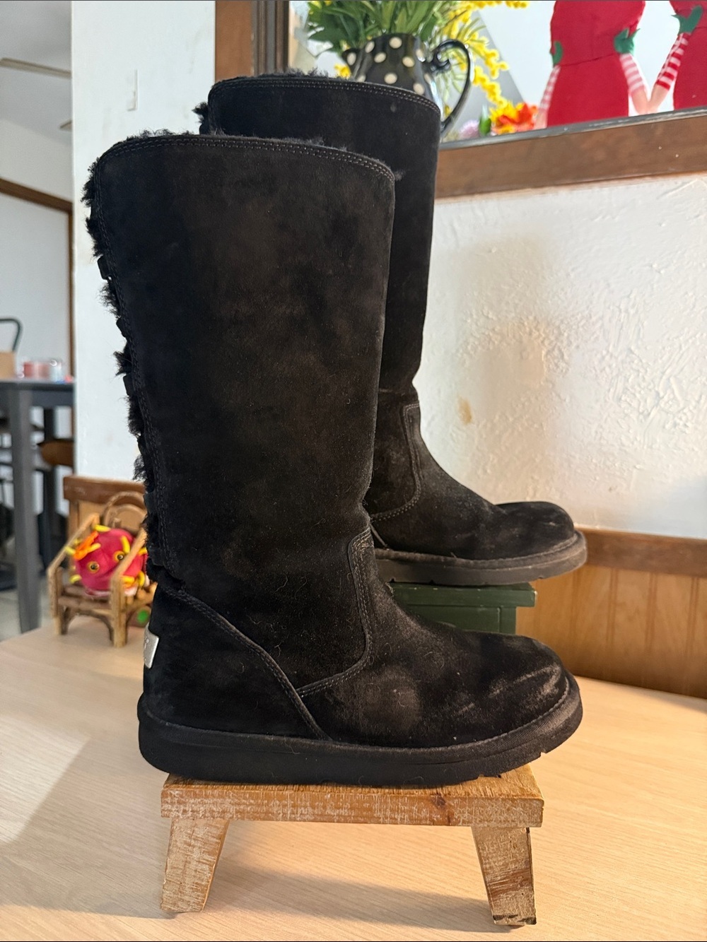 UGG Australia Roseberry Black Suede Lace Back Tall Winter Boots with Fuzzy Trim